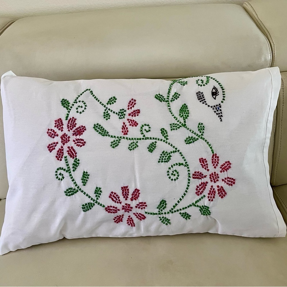 Embroidered Floral White Pillow 17/25 inches